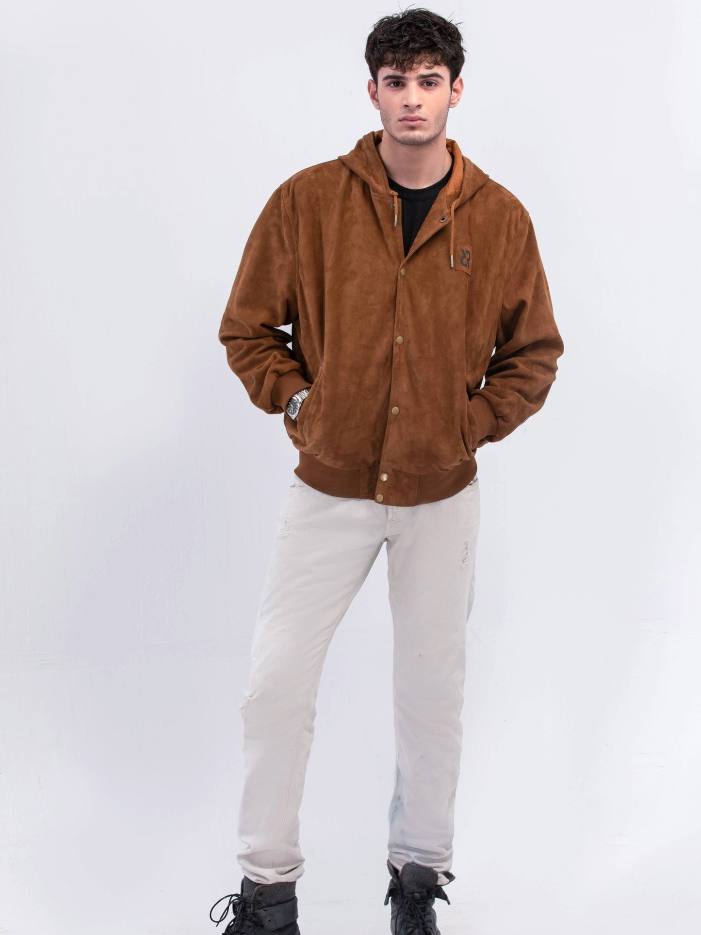 سترة بغطاء رأس بلون الكاكاو الأردوازي 