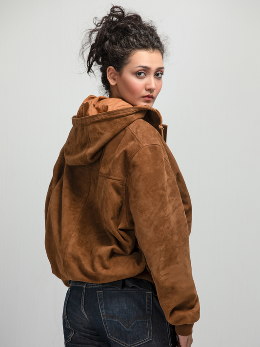 سترة بغطاء رأس بلون الكاكاو الأردوازي 